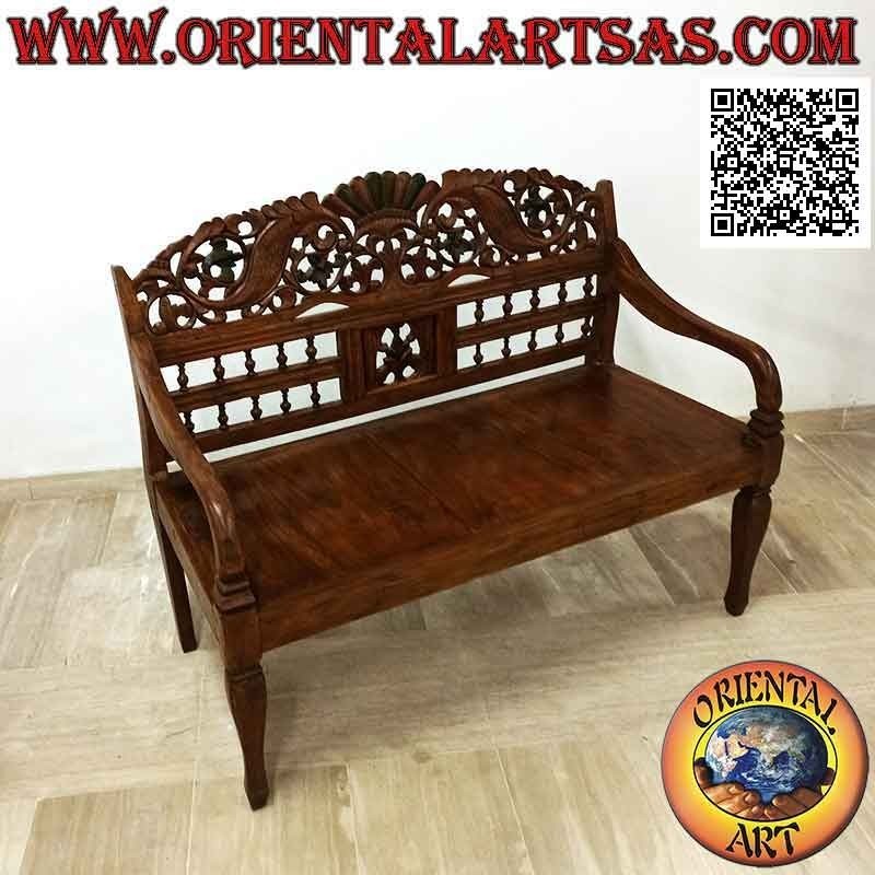 Two-seater bench with floral decoration and hand-carved crown in antique teak wood