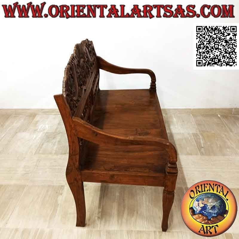 Two-seater bench with floral decoration and hand-carved crown in antique teak wood