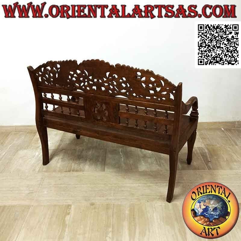 Banc deux places avec décoration florale et couronne sculptée à la main en bois de teck antique