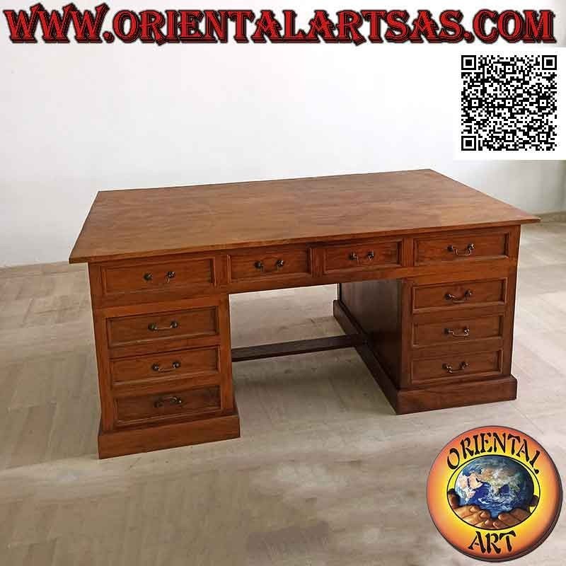 Escritorio "King" con 10 cajones, reposapiés y tablero de madera, en madera de teca (180 x 100)