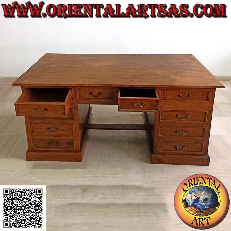 Escritorio "King" con 10 cajones, reposapiés y tablero de madera, en madera de teca (180 x 100)