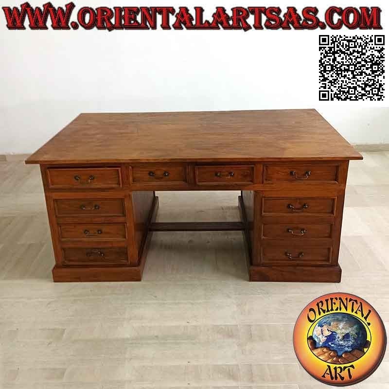 Bureau "King" avec 10 tiroirs, repose-pieds et plateau en bois, en bois de teck (180 x 100)