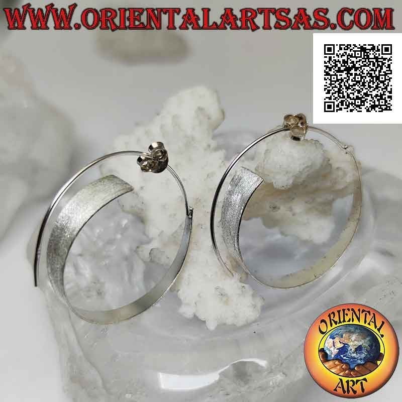 Silver flat and satin wide crescent spiral circle earrings with butterfly clasp
