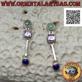 Silberne Lappenohrringe mit Jade, Amethyst und Lapislazuli auf glatter Fassung