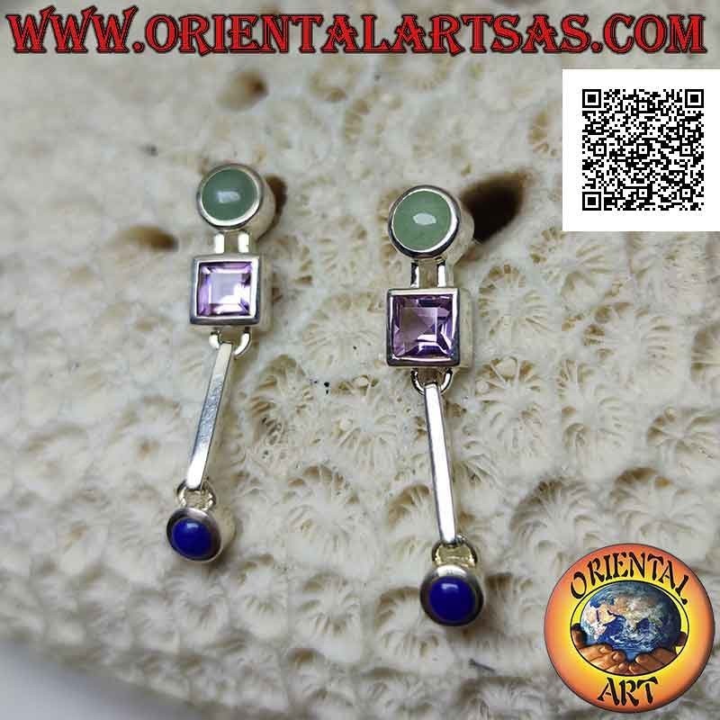 Silver lobe earrings with jade, amethyst and lapis lazuli on a smooth setting