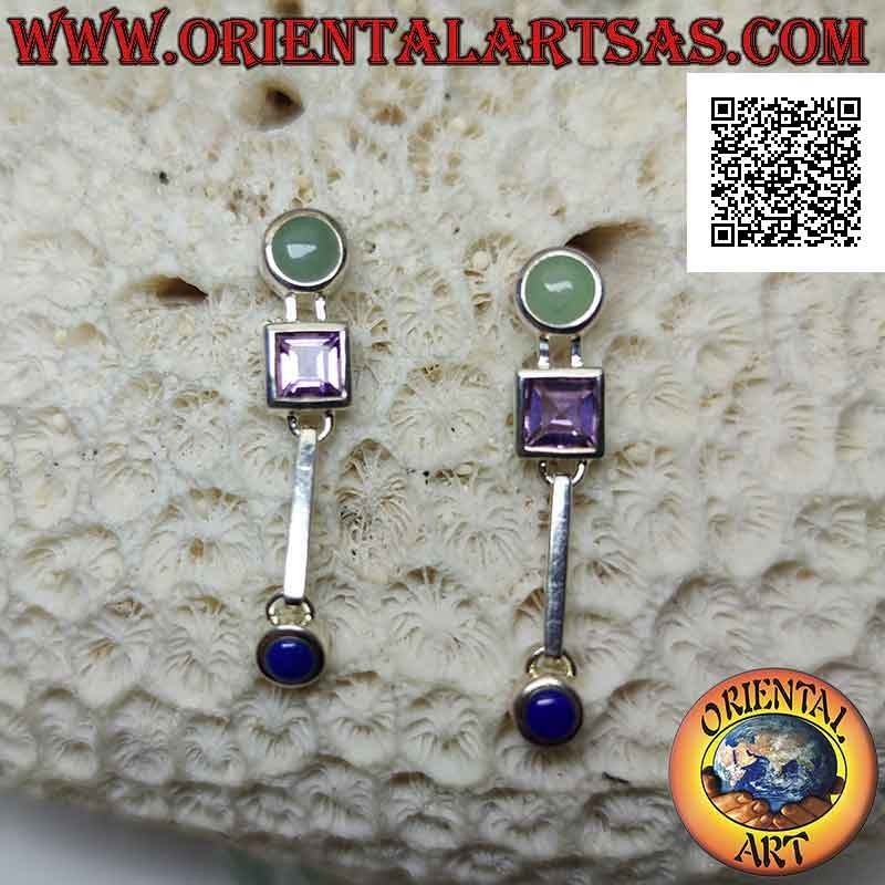 Boucles d'oreilles lobe en argent avec jade, améthyste et lapis lazuli sur une monture lisse