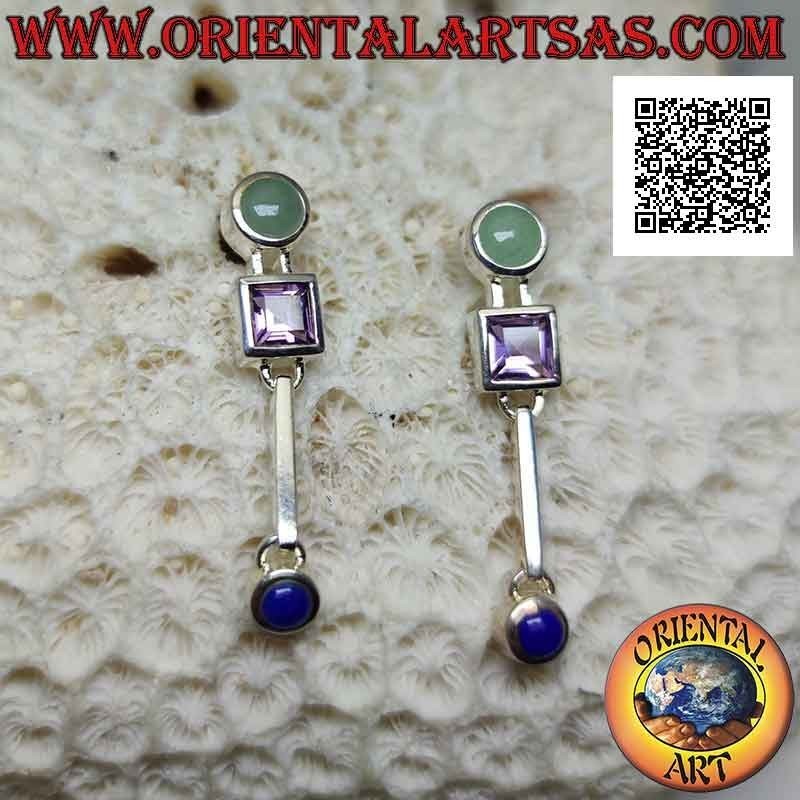 Boucles d'oreilles lobe en argent avec jade, améthyste et lapis lazuli sur une monture lisse