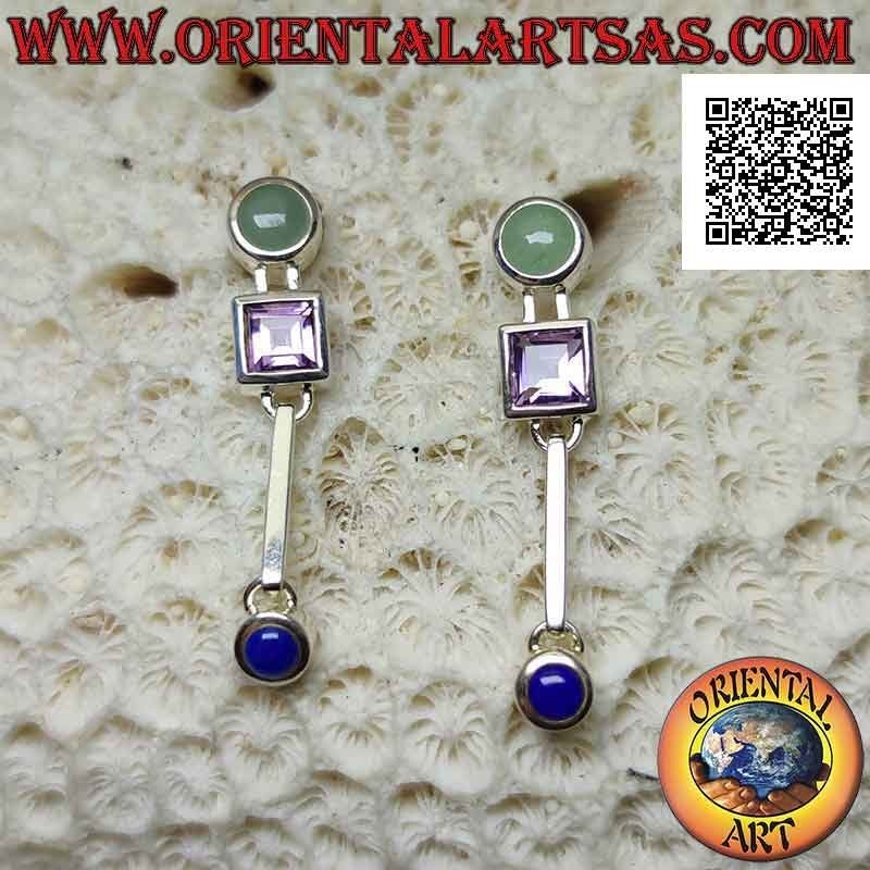 Boucles d'oreilles lobe en argent avec jade, améthyste et lapis lazuli sur une monture lisse