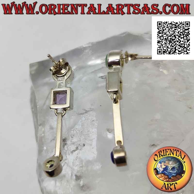 Silver lobe earrings with jade, amethyst and lapis lazuli on a smooth setting