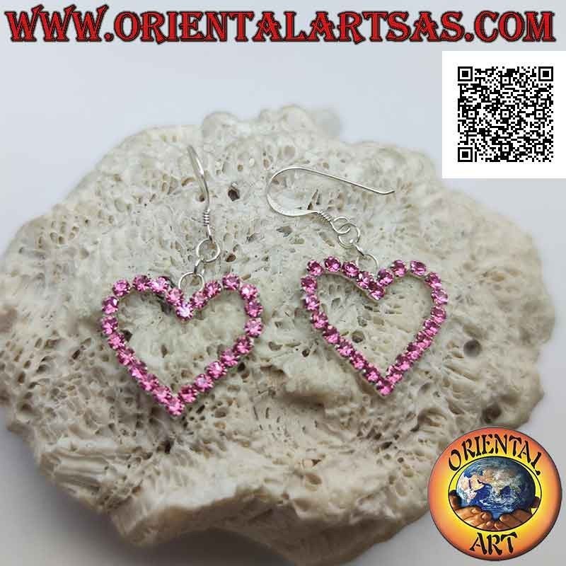 Silver leverback earrings with heart contour of pink cubic zirconia set