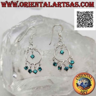 Pendientes de palanca de plata con diadema y 5 circonitas celestes y un colgante en el centro