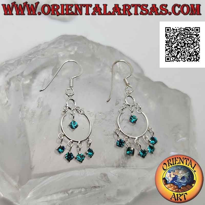 Pendientes de palanca de plata con diadema y 5 circonitas celestes y un colgante en el centro