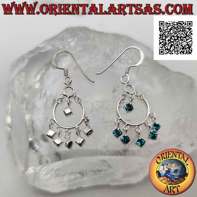 Pendientes de palanca de plata con diadema y 5 circonitas celestes y un colgante en el centro