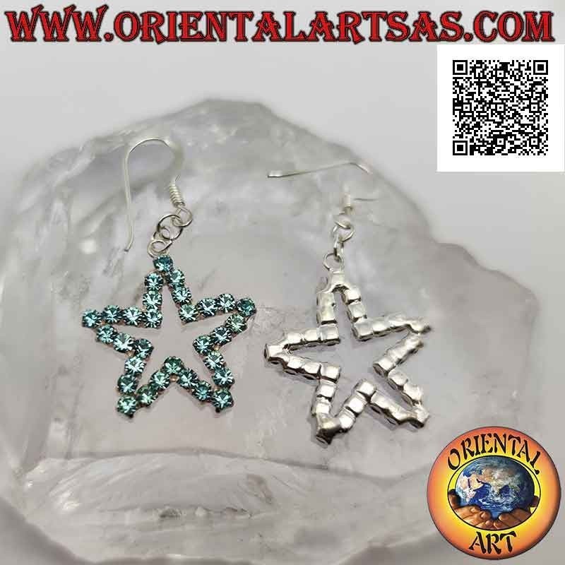 Silver leverback earrings with star contour of light blue zircons set