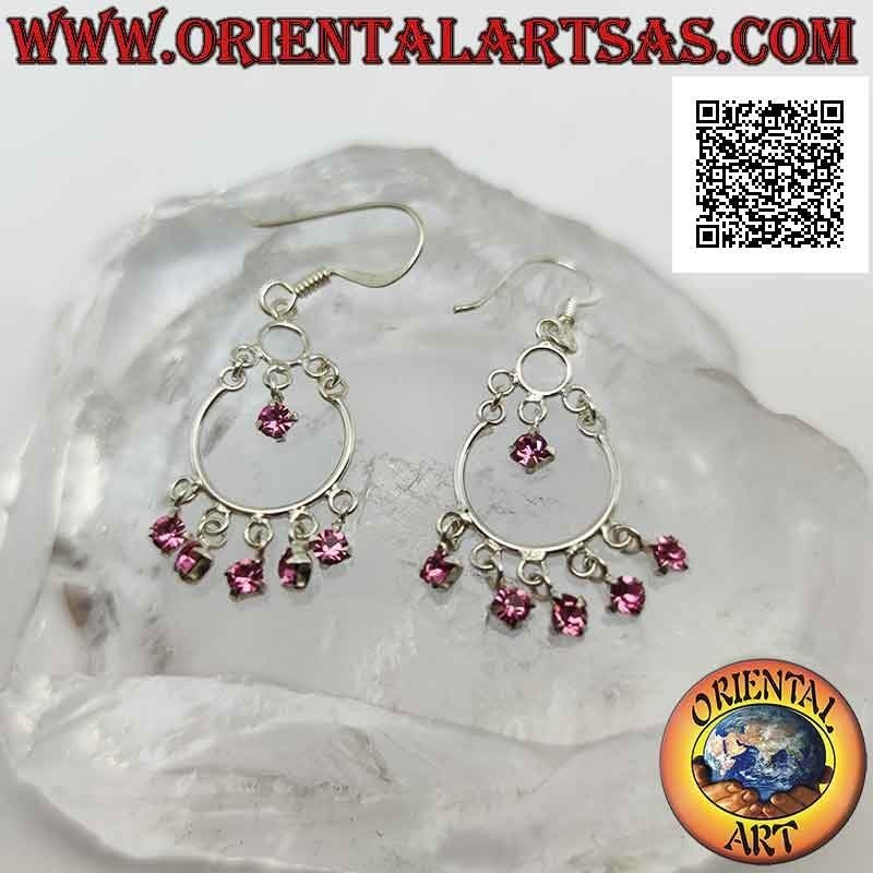 Orecchini in argento a monachella con cerchietto e 5 zirconi rosa e uno al centro pendenti
