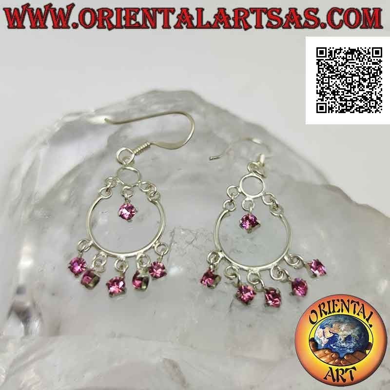 Silberne Hebelohrringe mit Stirnband und 5 rosa Zirkonen und einem Anhänger in der Mitte