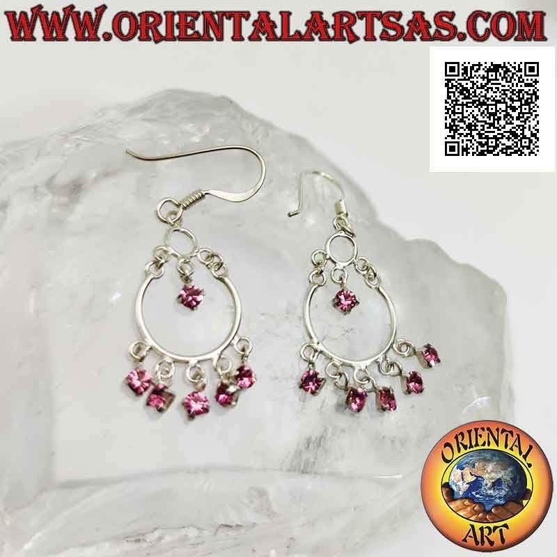 Pendientes de palanca de plata con diadema y 5 circonitas rosas y un colgante en el centro