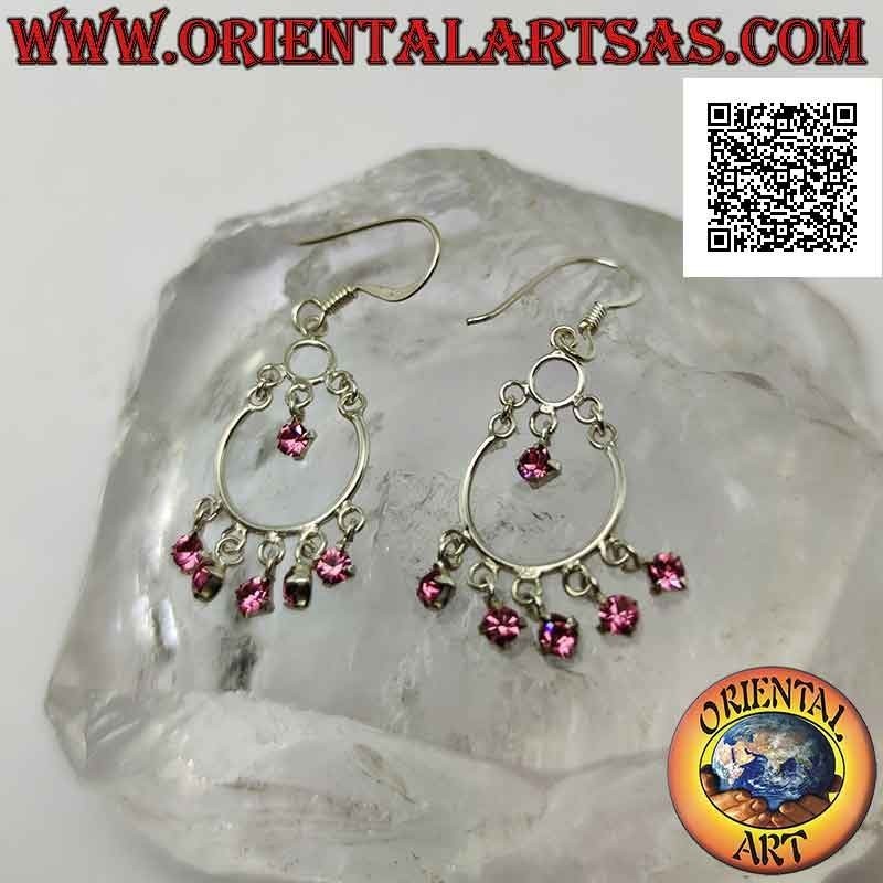 Pendientes de palanca de plata con diadema y 5 circonitas rosas y un colgante en el centro