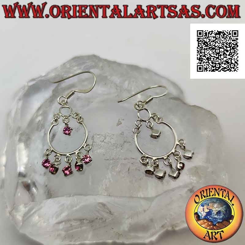 Silver leverback earrings with headband and 5 pink zircons and one pendant in the center