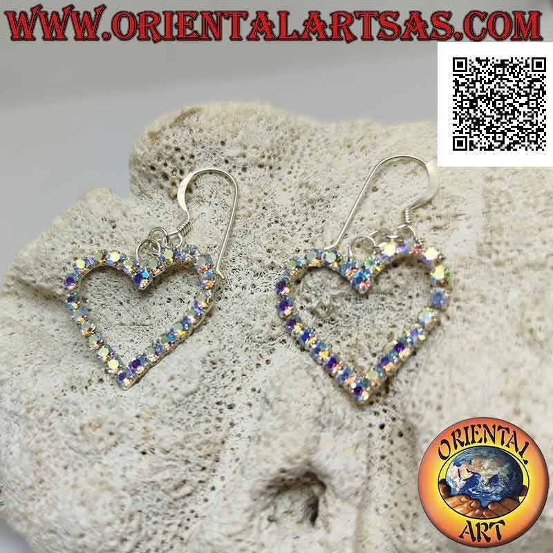 Silver leverback earrings with rainbow cubic zirconia heart contour set