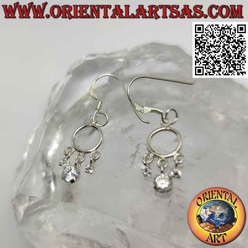 Silver leverback earrings with headband and 3 white pendant zircons