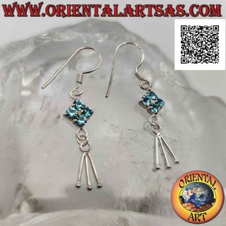 Silver leverback earrings with light blue zircon rhombus and three hanging segments