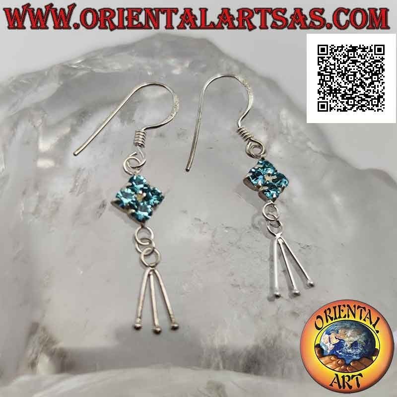 Boucles d'oreilles à levier en argent avec losange en zircon bleu clair et trois segments suspendus