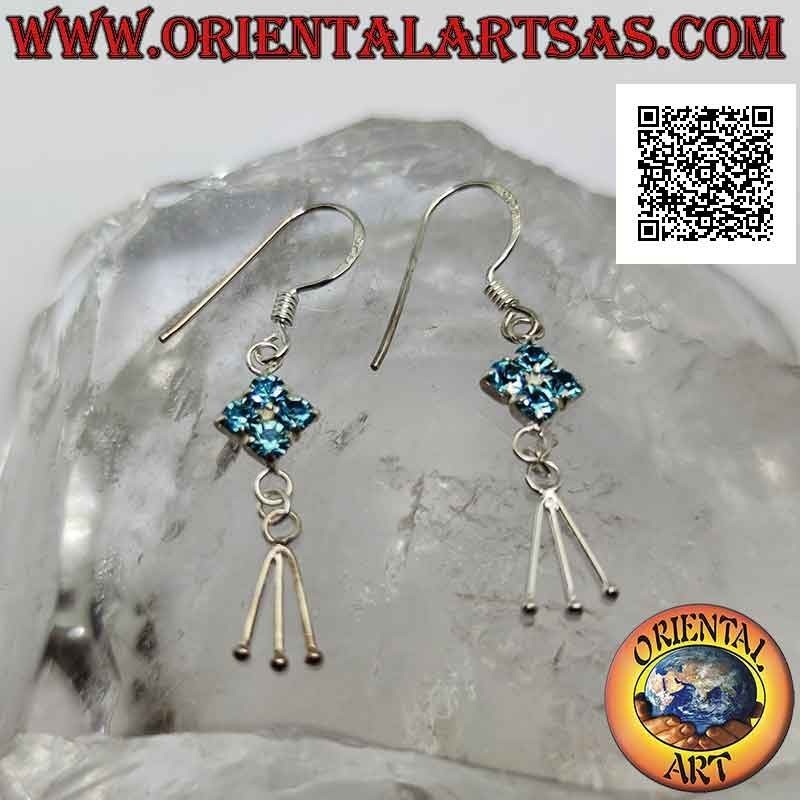 Silver leverback earrings with light blue zircon rhombus and three hanging segments