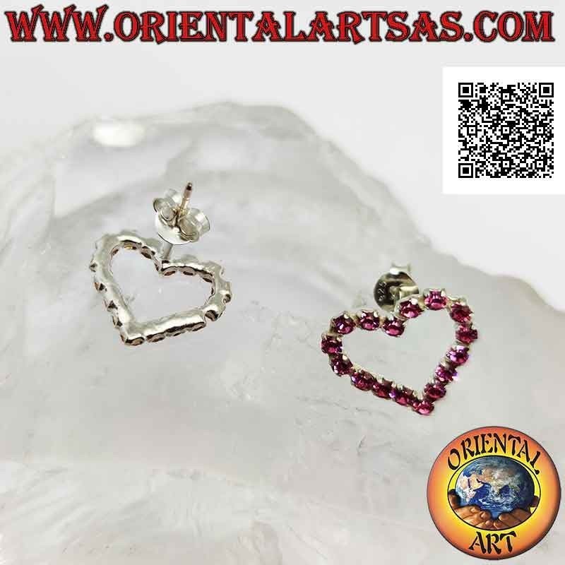 Conjunto de pendientes de plata con lóbulo con contorno de corazón de circonita cúbica rosa (medianos)