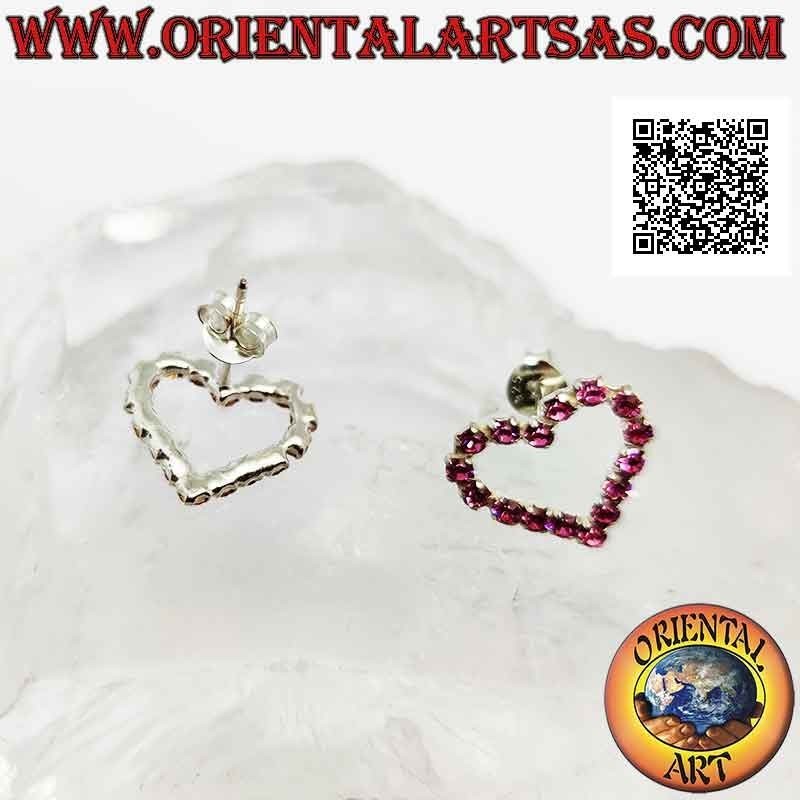 Silver lobe earrings with heart contour of pink cubic zirconia set (medium)