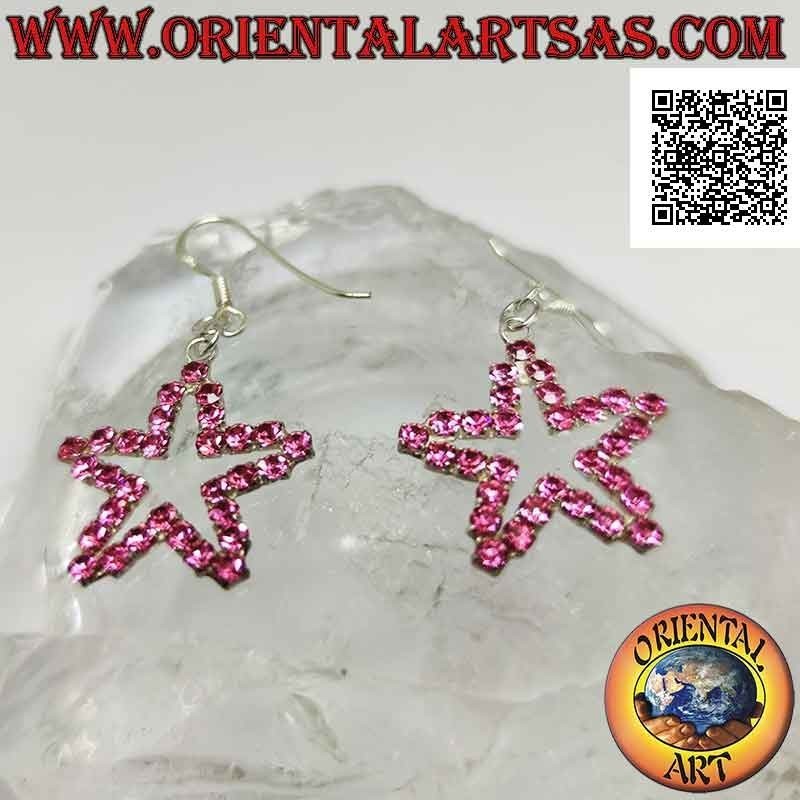 Silver leverback earrings with a star outline of pink zircons