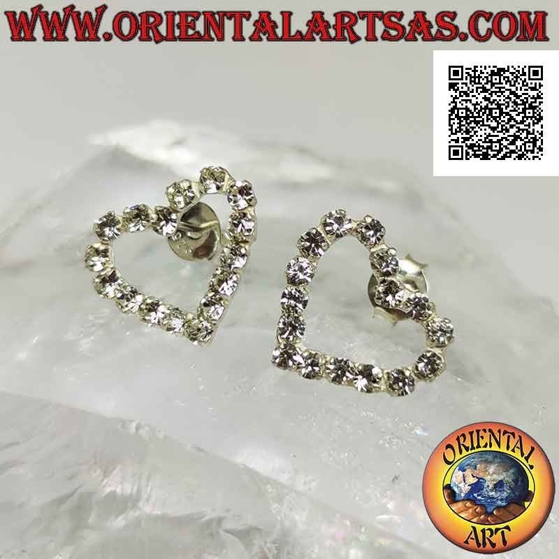 Silver lobe earrings with heart contour of white cubic zirconia set (medium)