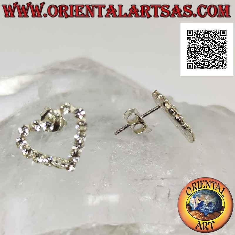 Silver lobe earrings with heart contour of white cubic zirconia set (medium)
