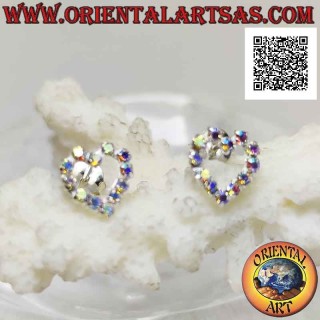 Silver lobe earrings with heart contour of rainbow cubic zirconia set (small)