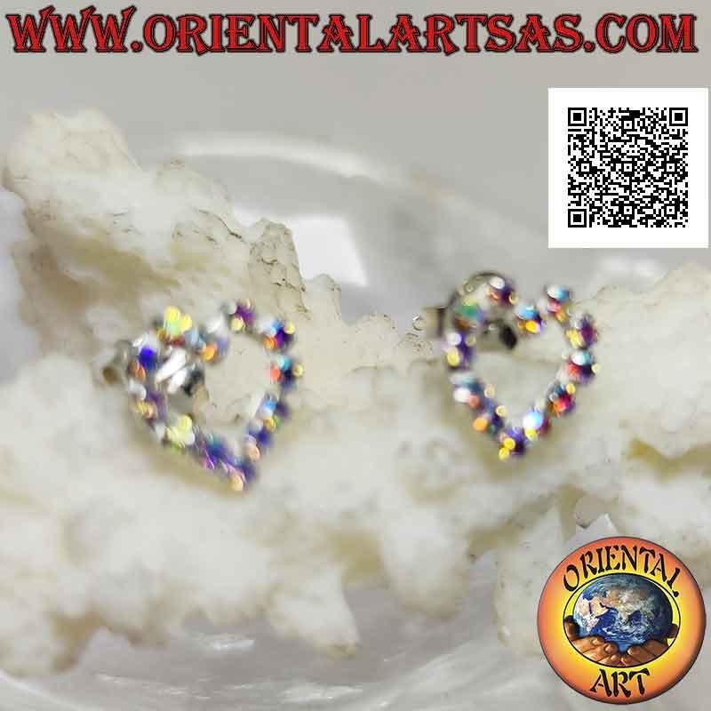 Conjunto de pendientes de plata con lóbulo con contorno de corazón de circonita cúbica arcoíris (pequeño)