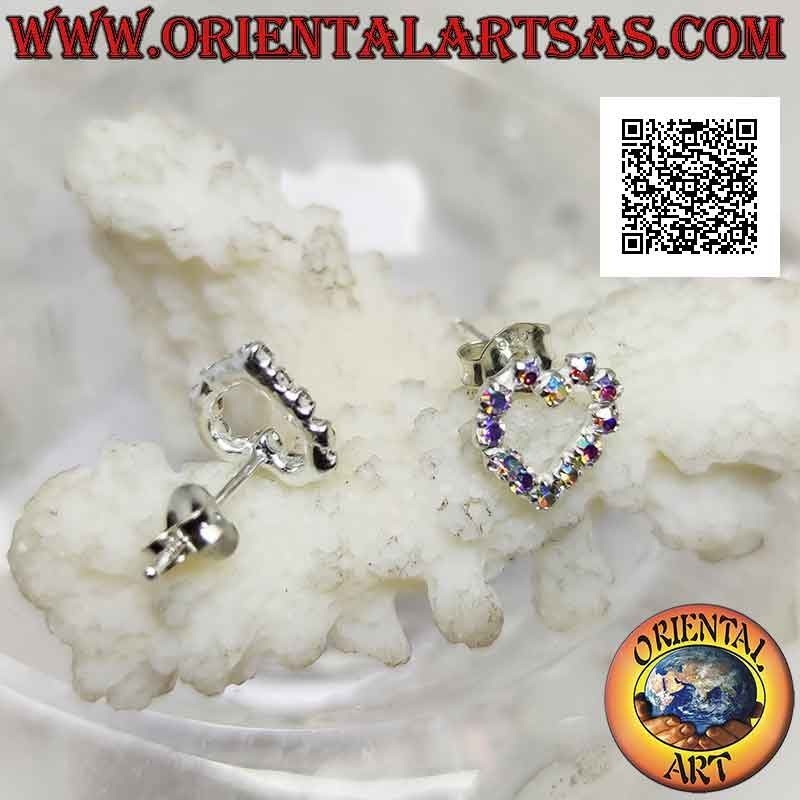 Conjunto de pendientes de plata con lóbulo con contorno de corazón de circonita cúbica arcoíris (pequeño)