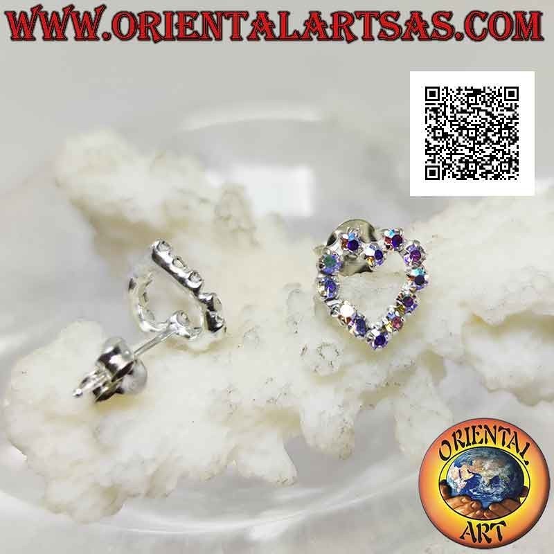 Silver lobe earrings with heart contour of rainbow cubic zirconia set (small)