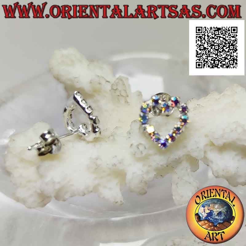 Conjunto de pendientes de plata con lóbulo con contorno de corazón de circonita cúbica arcoíris (pequeño)