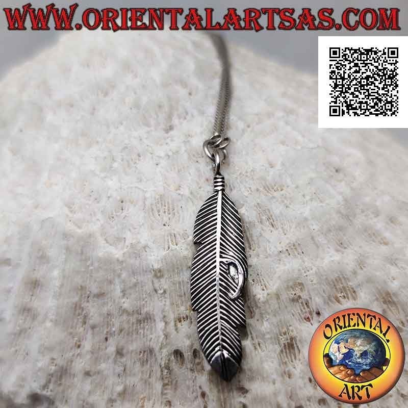 Collana in argento 925 ‰ a due pezzi di "snake" piatto con piuma dei nativi d'America centrale a ciondolo