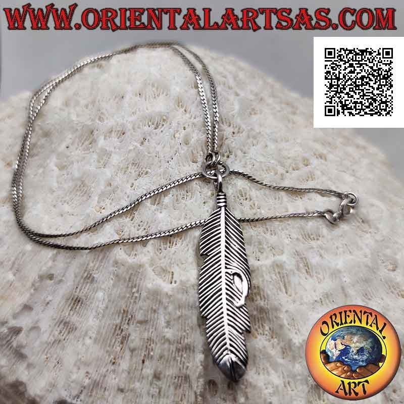 Collar de dos piezas de plata 925 ‰ de "serpiente" plana con colgante de pluma de nativo americano central