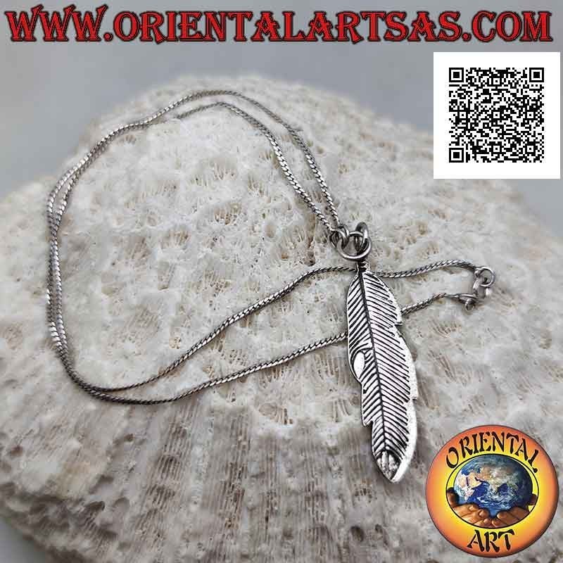 Collar de dos piezas de plata 925 ‰ de "serpiente" plana con colgante de pluma de nativo americano central