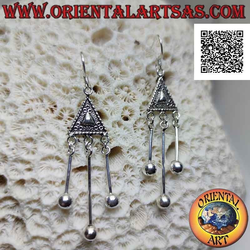 Silver earrings with ethnic triangle decorated in bas-relief and three dangling balls