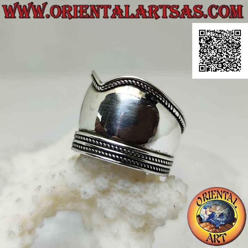 Silver ring with wide V-shaped band with decoration on the sides, Bali (adjustable)