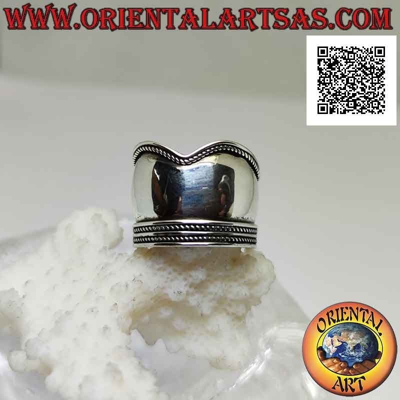 Silver ring with wide V-shaped band with decoration on the sides, Bali (adjustable)