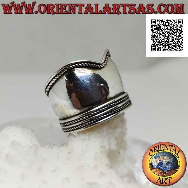 Silver ring with wide V-shaped band with decoration on the sides, Bali (adjustable)