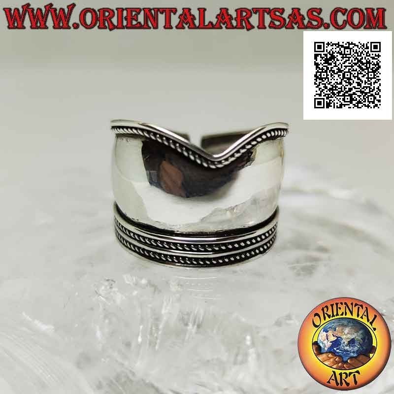 Silver ring with wide V-shaped band with decoration on the sides, Bali (adjustable)