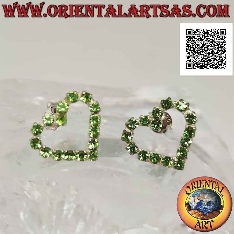Silver lobe earrings with heart contour of green cubic zirconia set (medium)