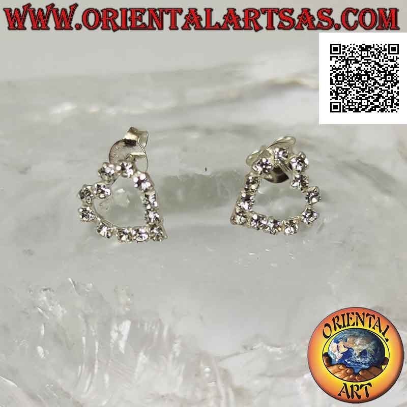 Silver lobe earrings with heart contour of white cubic zirconia set (small)