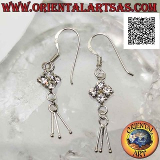 Silver leverback earrings with white cubic zirconia rhombus and three hanging segments