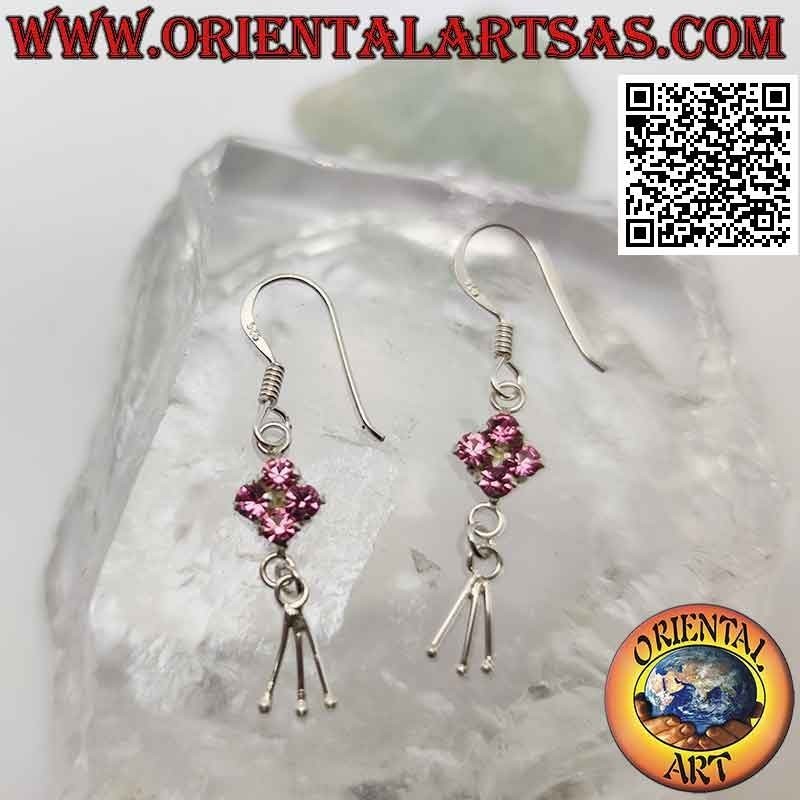 Boucles d'oreilles à levier en argent avec losange en zircon rose et trois segments pendants